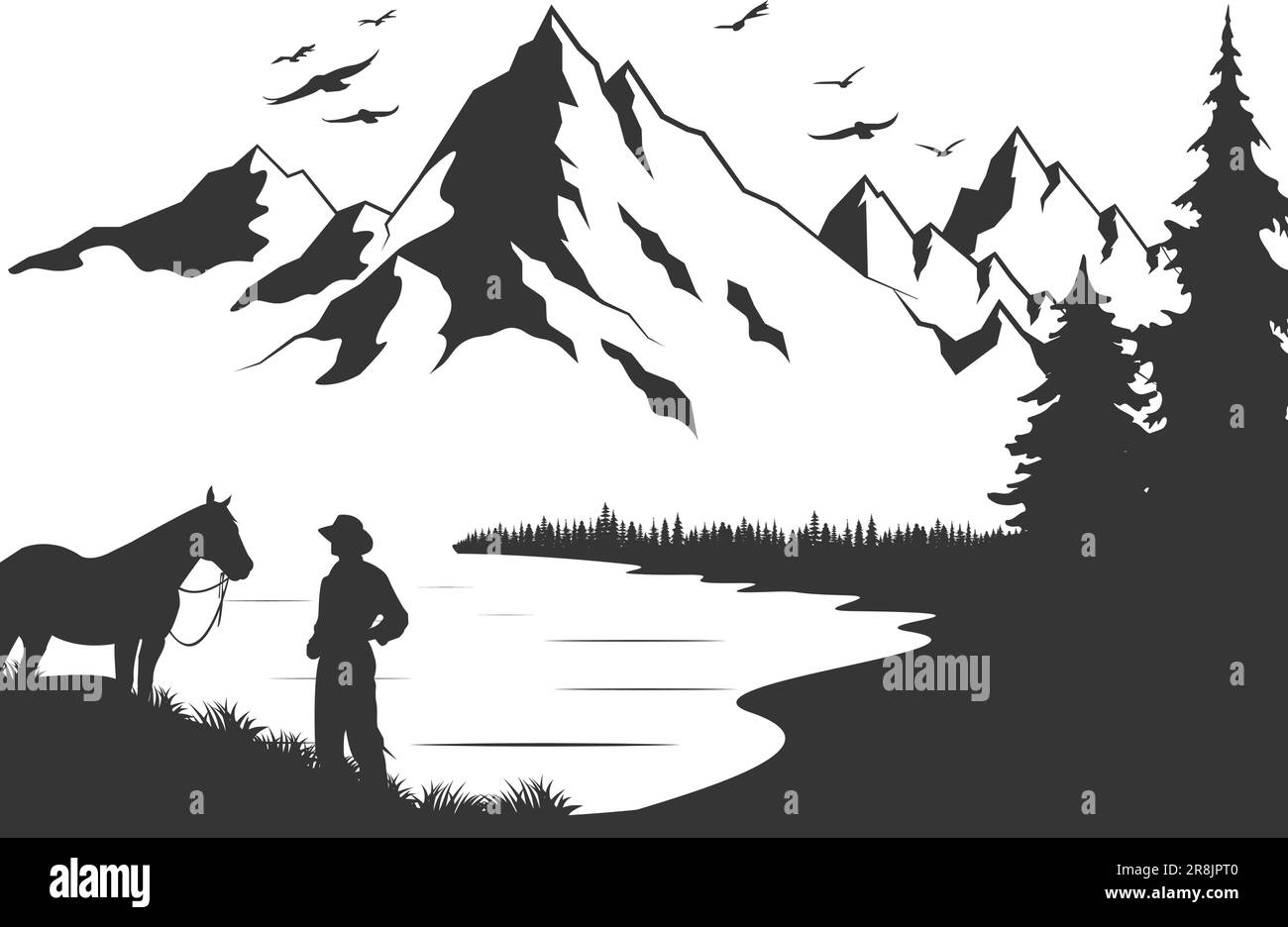 Des montagnes et un cavalier. Montagnes et falaises. Un homme et un cheval. Et un oiseau de mouche. Image vectorielle créée avec des silhouettes. Illustration de Vecteur