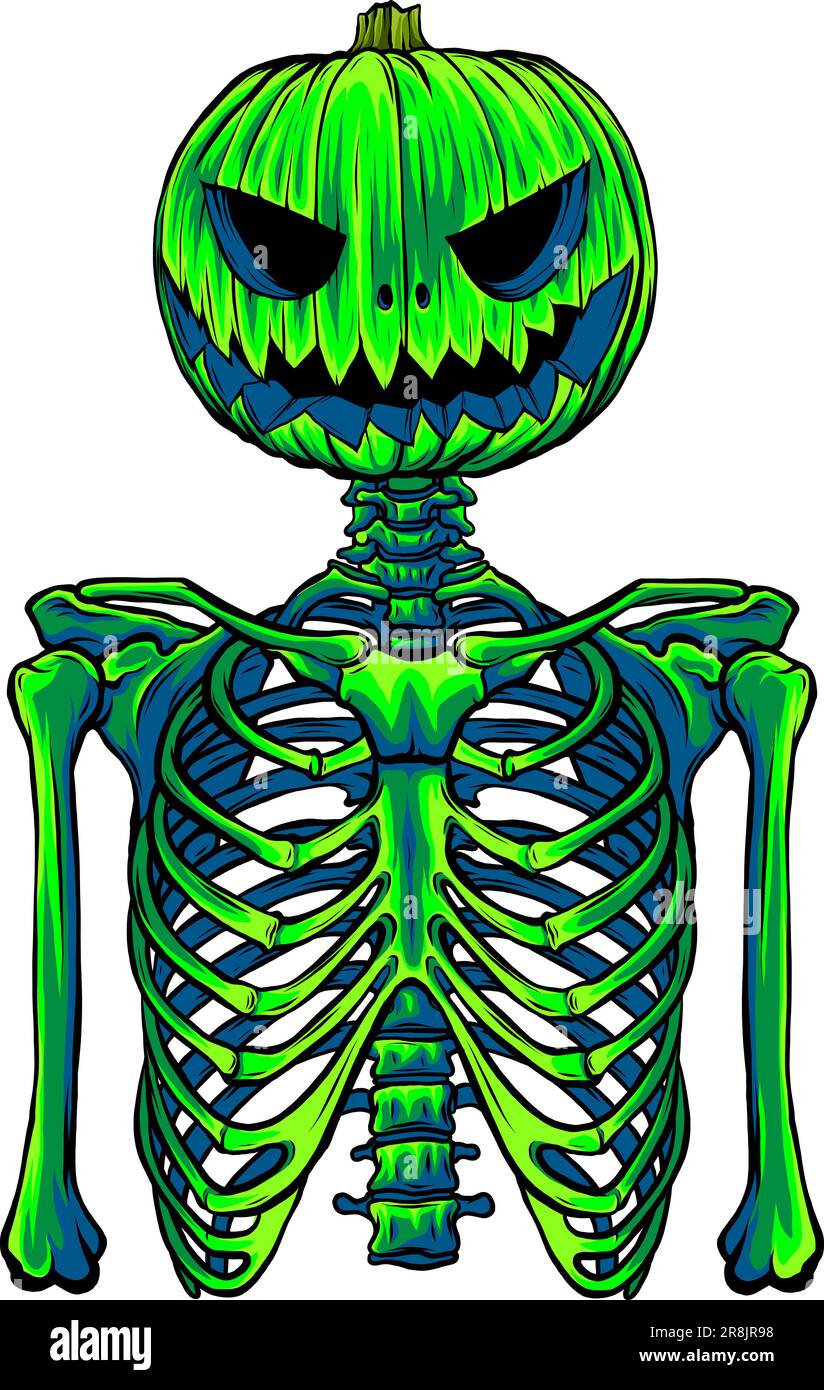 dirigez la citrouille sur le squelette humain. illustration vectorielle sur fond blanc, dessin à la main numérique Illustration de Vecteur