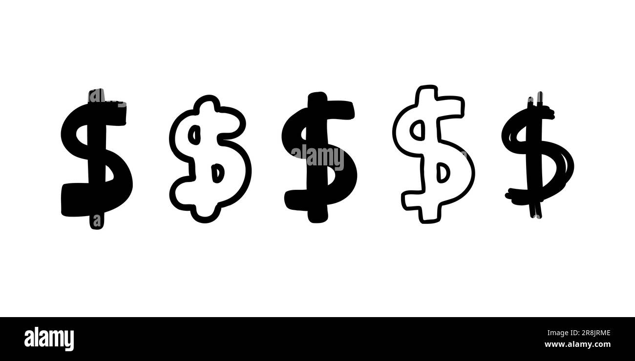 Scribble monnaie argent finance signe icônes Dollar USD collection. Illustration vectorielle à la main, style de dessin animé isolé sur fond blanc. Illustration de Vecteur