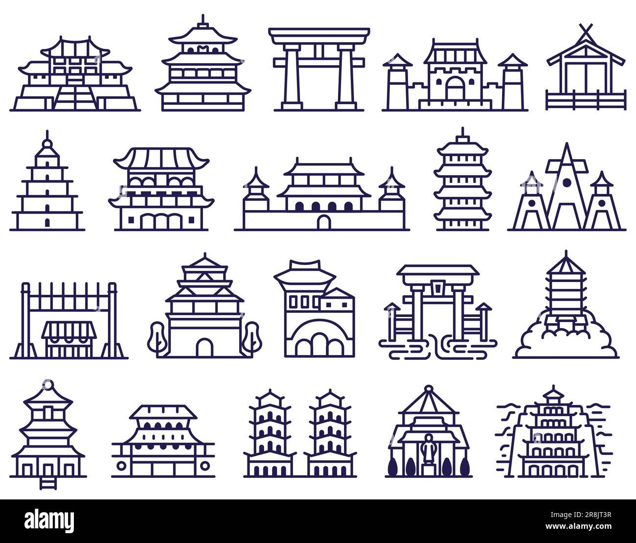 Palais asiatiques traditionnels et icônes de la ligne des temples Illustration de Vecteur