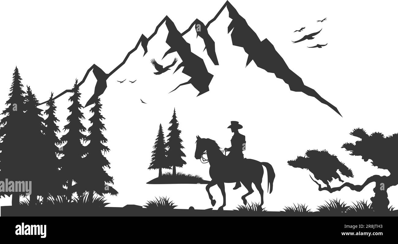 Vecteur plat dessin animé cow-boy homme équitation cheval isolé sur fond de paysage Illustration de Vecteur