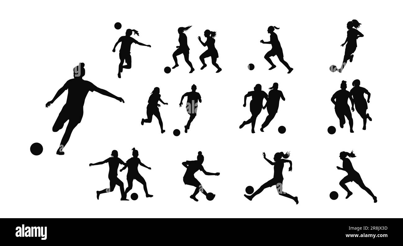 Silhouette féminine de football, balle de Kicking de joueur de football féminin Illustration de Vecteur