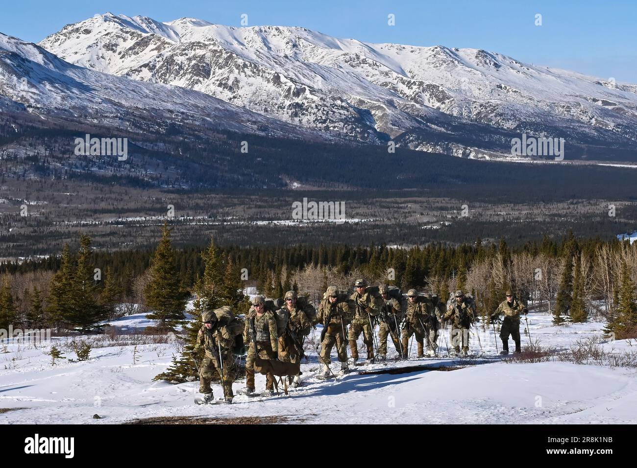 Cours des leaders par temps froid les élèves traversent le terrain accidenté du site d'entraînement de Black Rapids du centre d'entraînement de Northern Warfare. Les cadres de la NWTC ont travaillé des heures supplémentaires pour aider à répondre au besoin accru de plus d'experts de l'Arctique dans les unités pour aider à transmettre des connaissances essentielles dans les formations. (Photo de l'armée/John Pennell) Banque D'Images