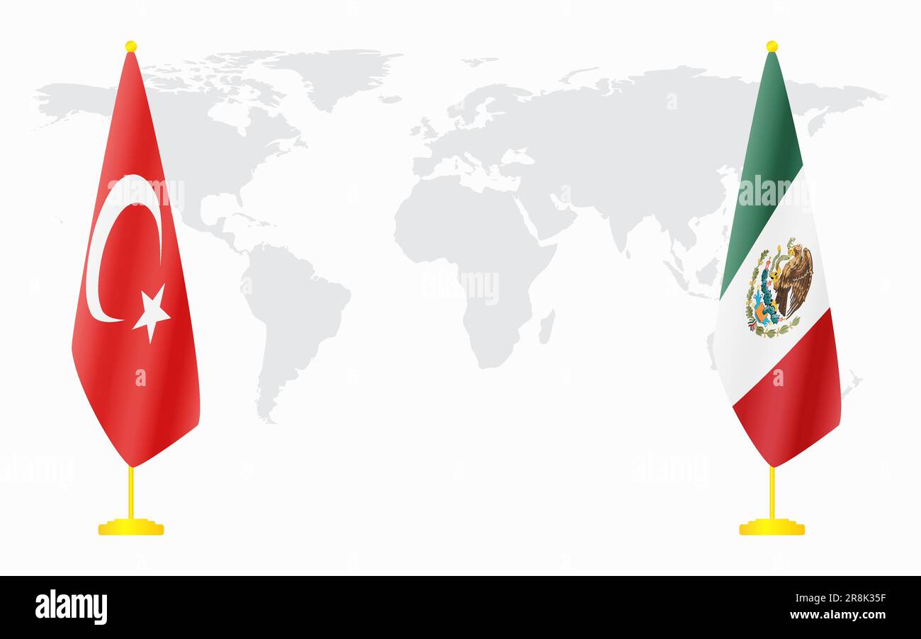 Drapeaux de la Turquie et du Mexique pour une réunion officielle sur fond de carte du monde. Illustration de Vecteur