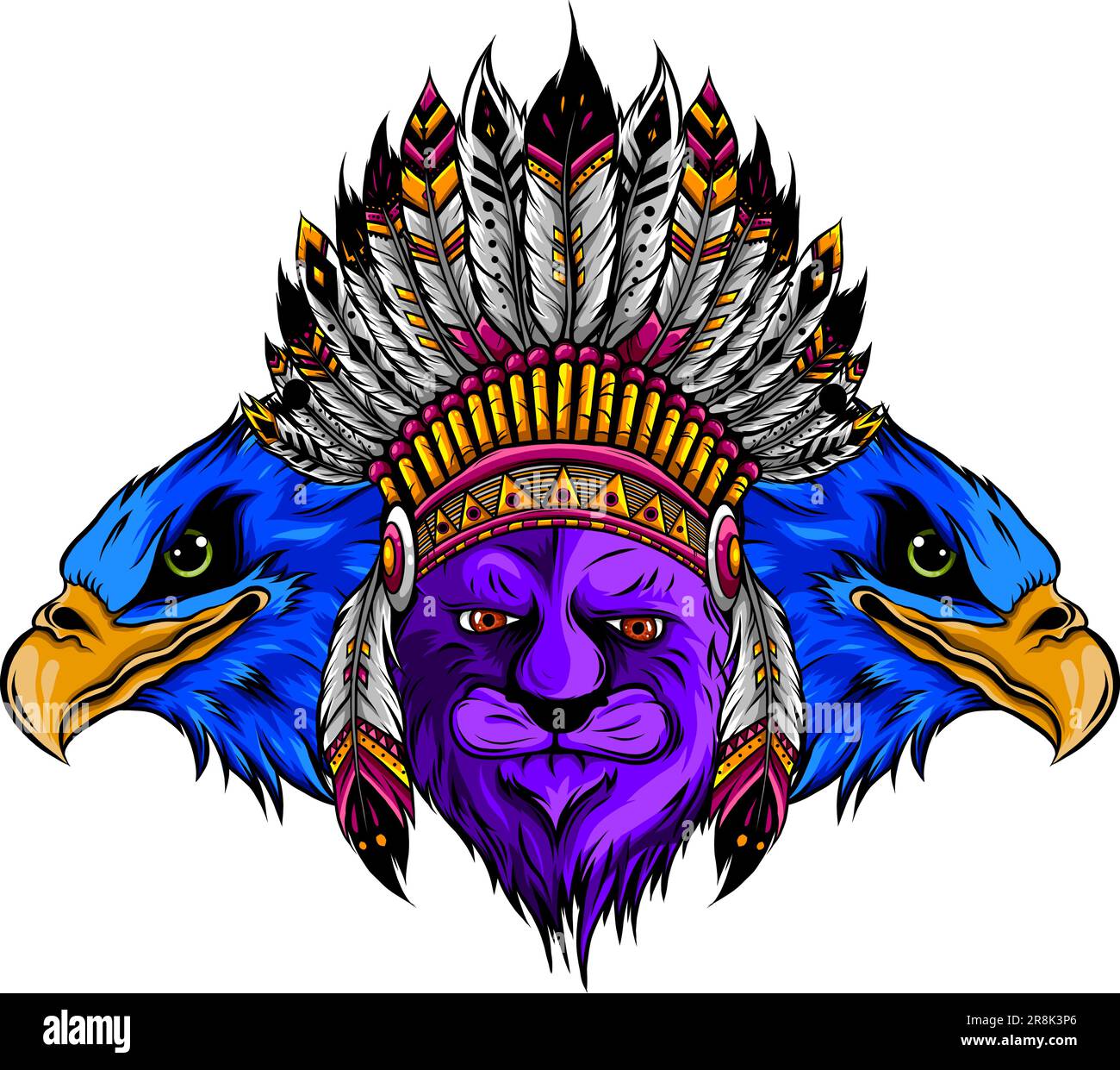 Lion dans le cafard indien coloré. Aigle en plumes indiennes Illustration de Vecteur Lion dans le cafard indien coloré. Aigle en plumes indiennes Illustration de Vecteur