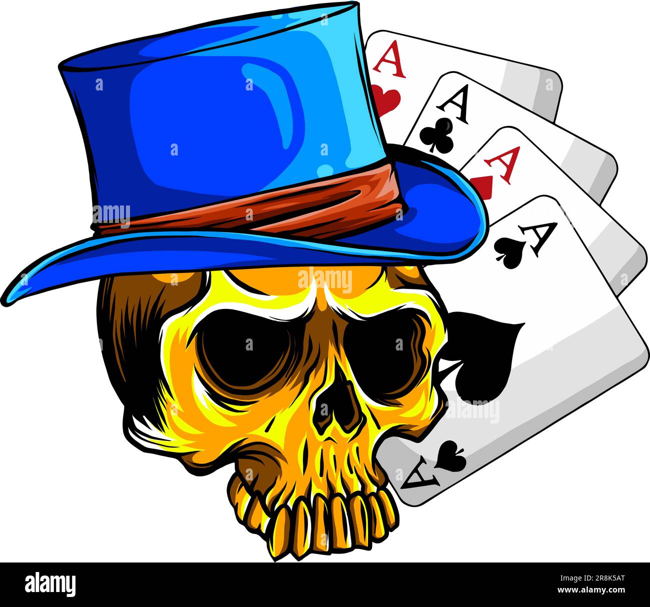 Crâne de gentleman en chapeau cylindrique avec illustration du vecteur de poker Aces. tirage manuel numérique Illustration de Vecteur