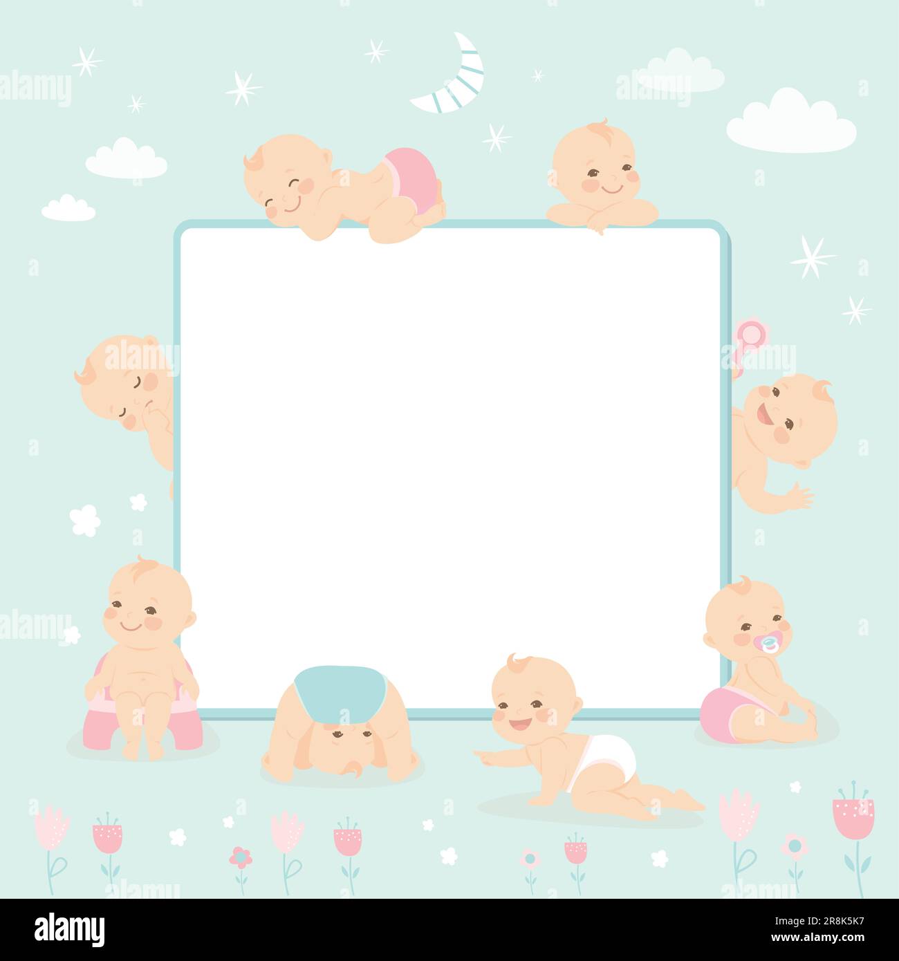Modèle de cadre pour bébé mignon. Enfants nouveau-nés amusants dans différentes poses sur fond de Doodle. Placer pour le texte. Super pour la carte de douche de bébé, salutation c Illustration de Vecteur