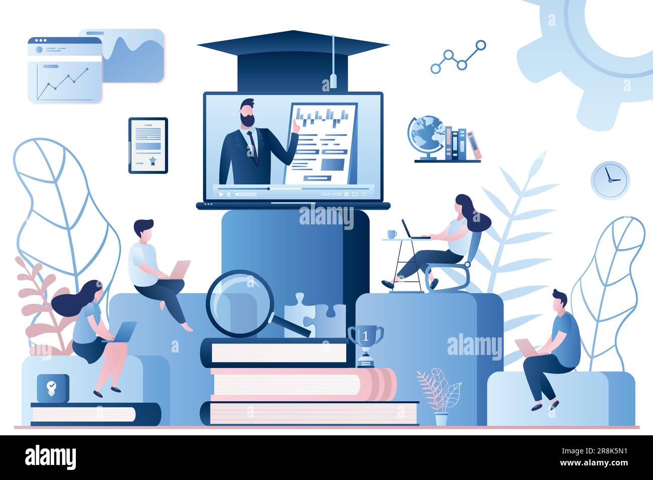 Webinaire, cours en ligne ou didacticiel en réseau. Les employés qui ont des ordinateurs portables suivent une formation professionnelle. E-learning, formation du personnel ou formation à distance Illustration de Vecteur