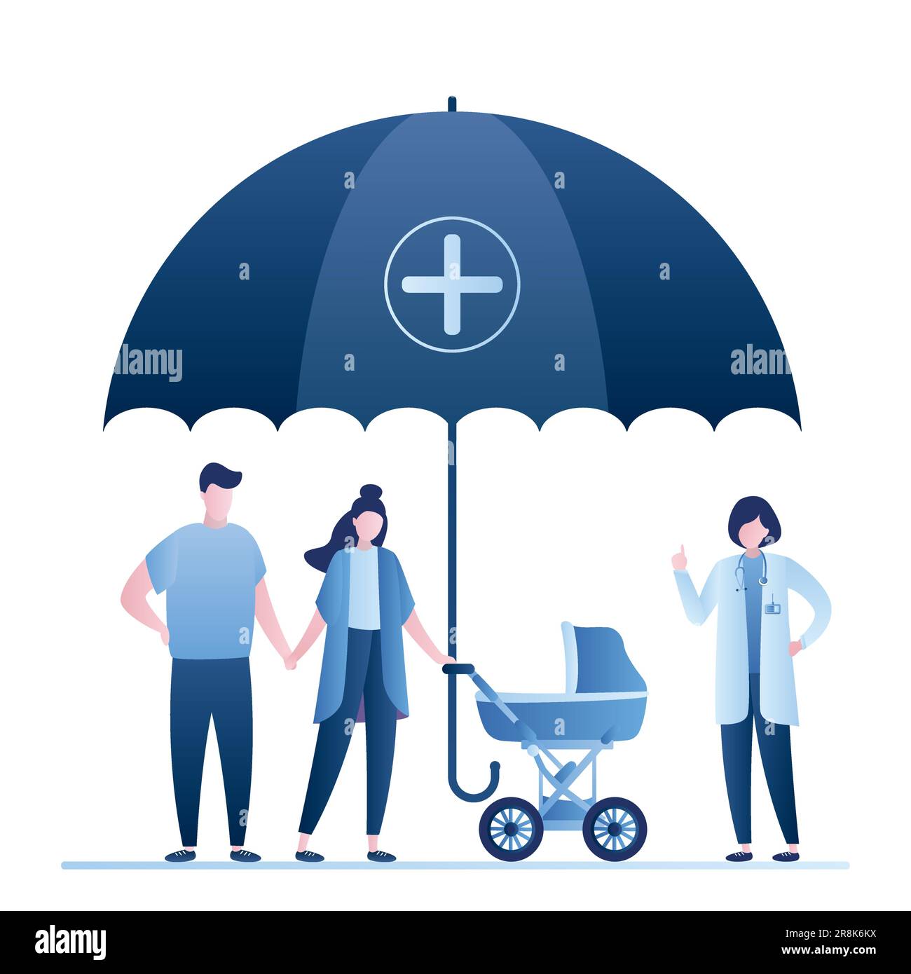 Famille heureuse avec poussette de bébé, femme médecin et grand parapluie de sauvegarde. Soins de santé avec concept d'assurance. Isolé sur fond blanc. Style tendance v Illustration de Vecteur