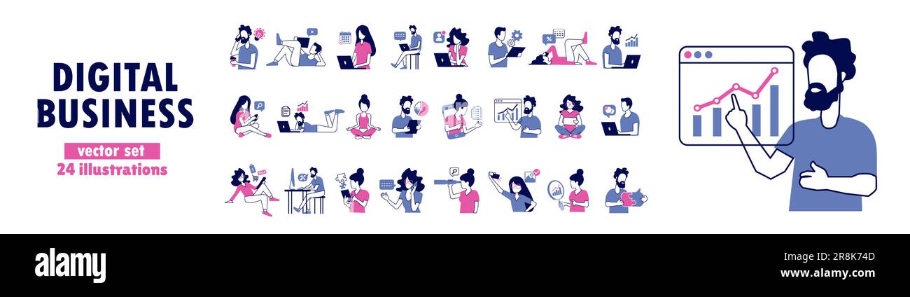Ensemble de vecteurs d'hommes et de femmes dans diverses activités d'affaires en ligne utilisant des gadgets mobiles et des ordinateurs pour communiquer Illustration de Vecteur