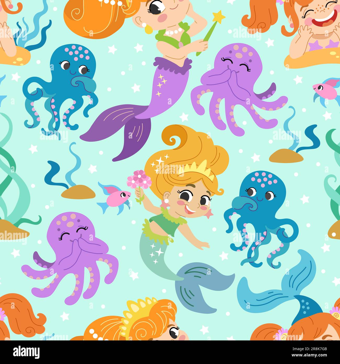 Motif puéril sans couture avec de mignons mémaïdes joyeux et pieuvres dans le monde sous-marin. Illustration vectorielle. Texture enfant créative pour le design, l'impression et le lin Illustration de Vecteur