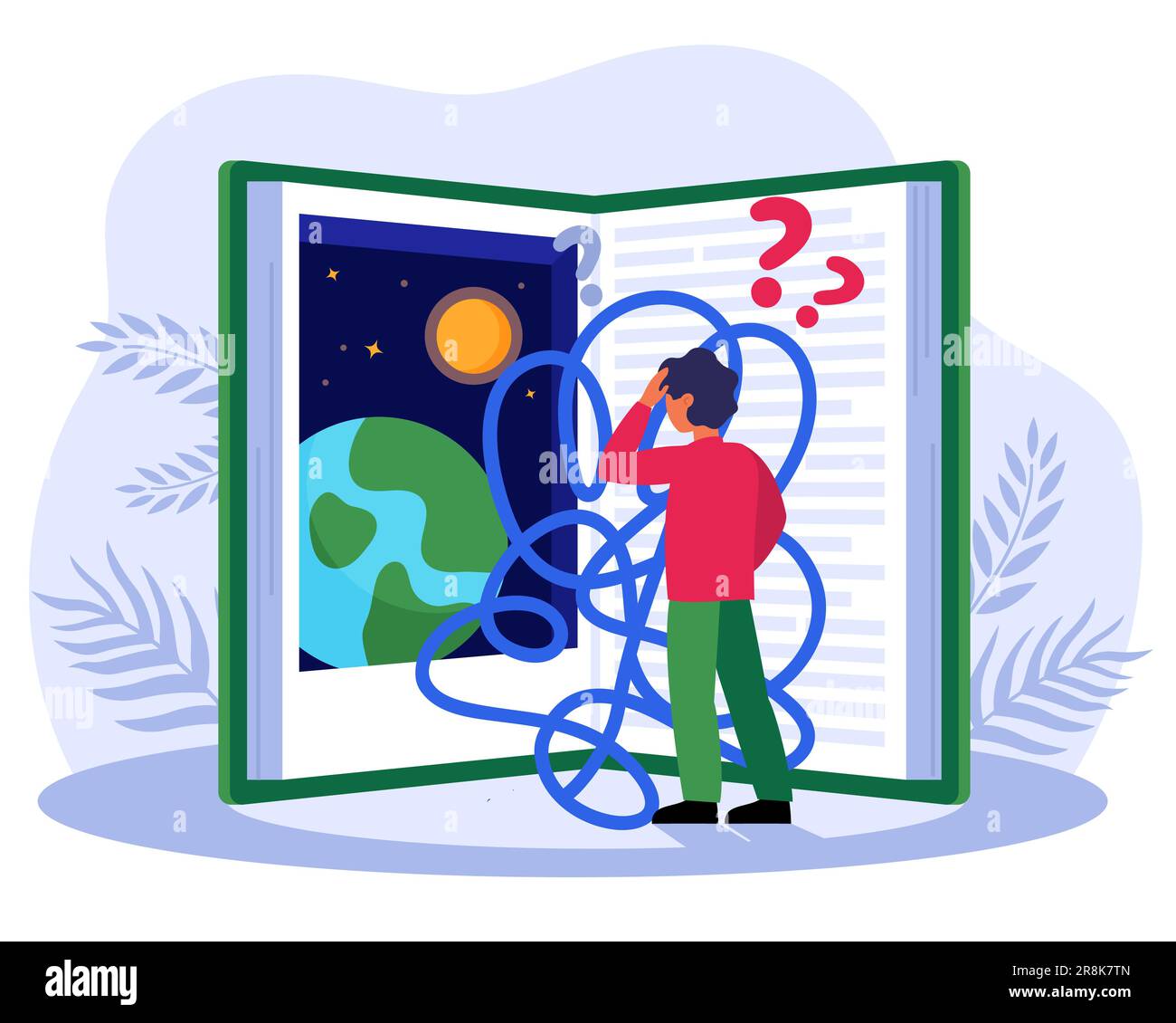 Un garçon emmêlé lisant un livre scientifique Illustration de Vecteur