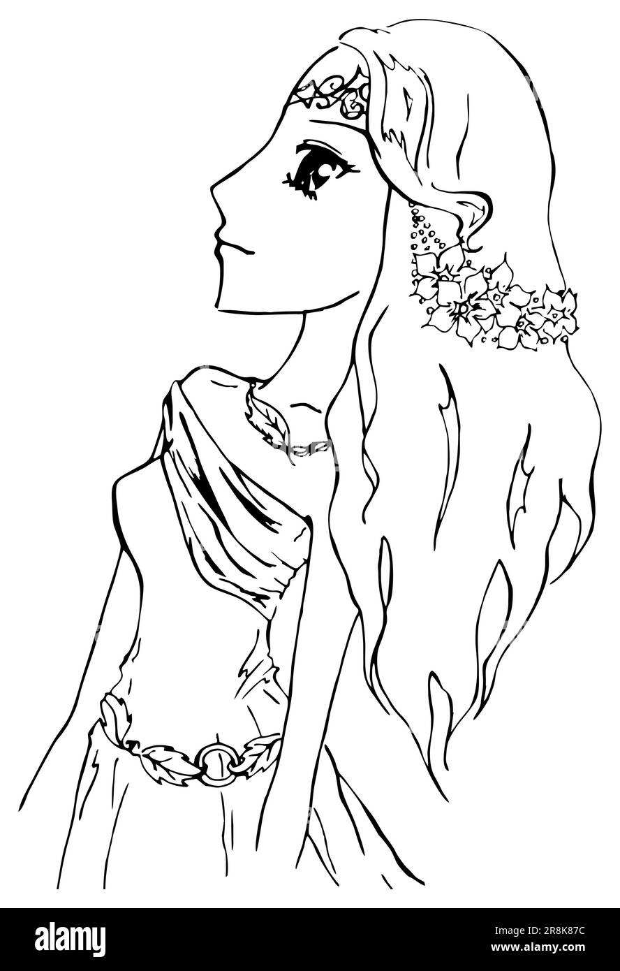 Monochrome elf fille princesse anime manga dessin animé vecteur. Illustration de Vecteur