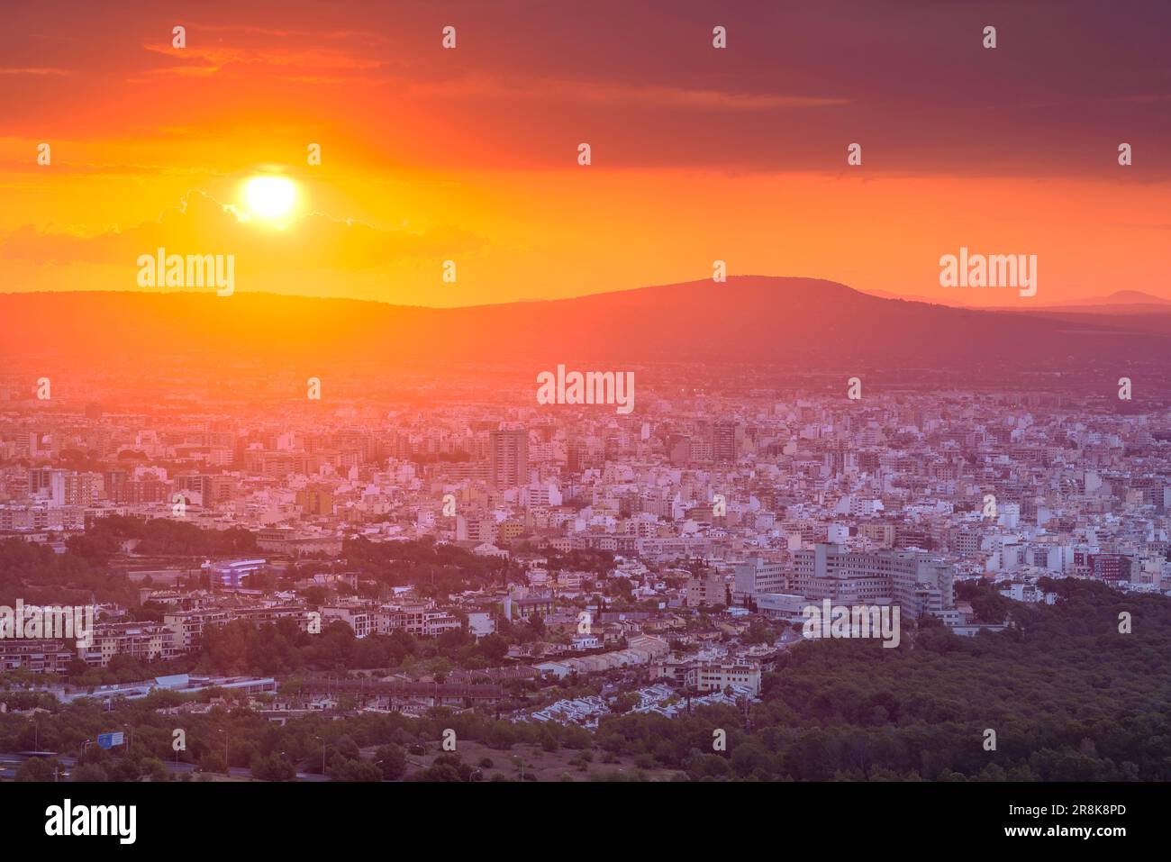 La ville de Palma de Majorque au lever du soleil, vue du point de vue de Na Burguesa (Majorque, Iles Baléares, Espagne) ESP: Ciudad de Palma de Majorque Banque D'Images