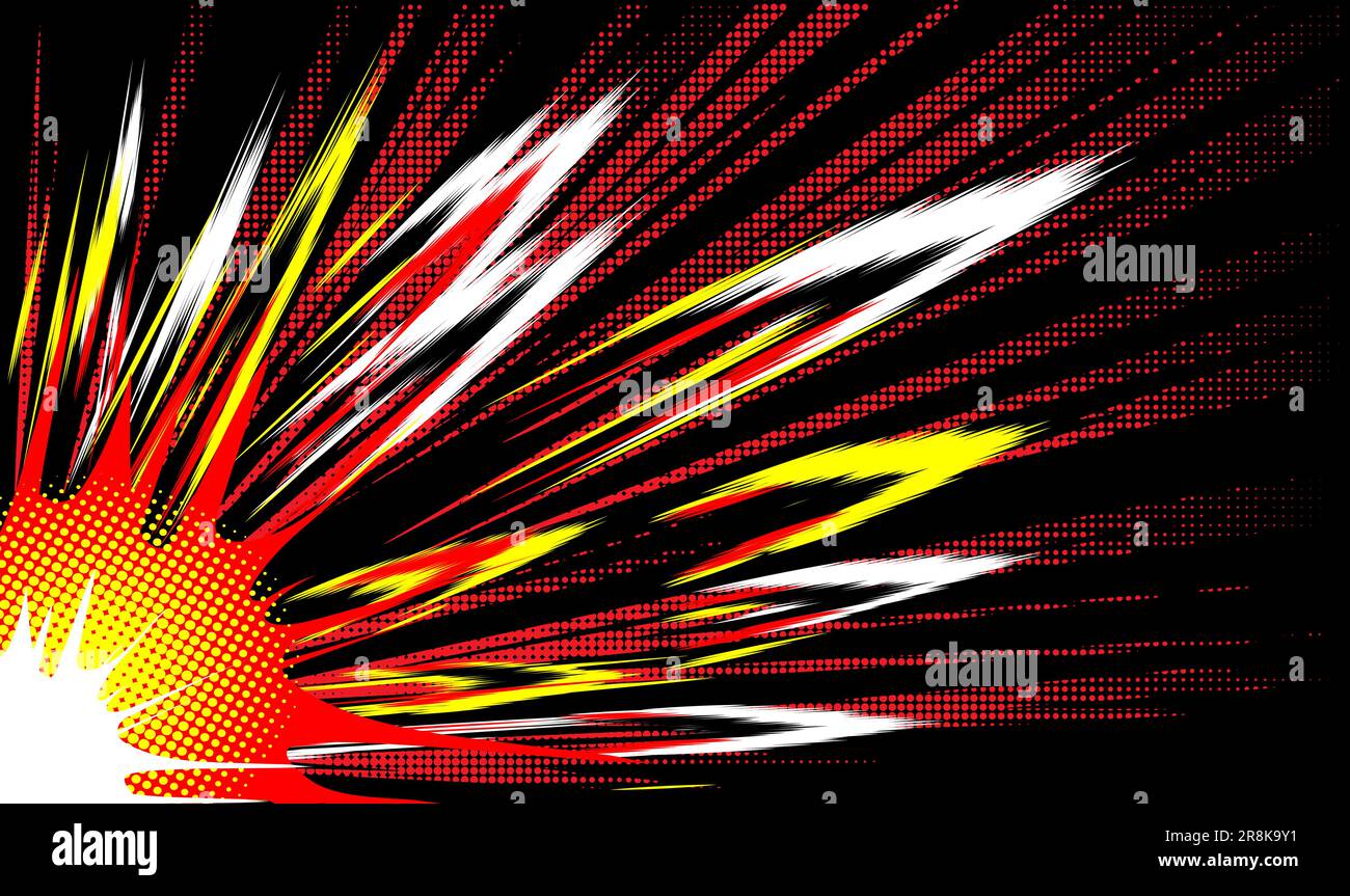 Explosion et lignes dynamiques de mouvement sur un arrière-plan noir de bas en haut en diagonale. Arrière-plan vectoriel en style manga. Illustration de Vecteur
