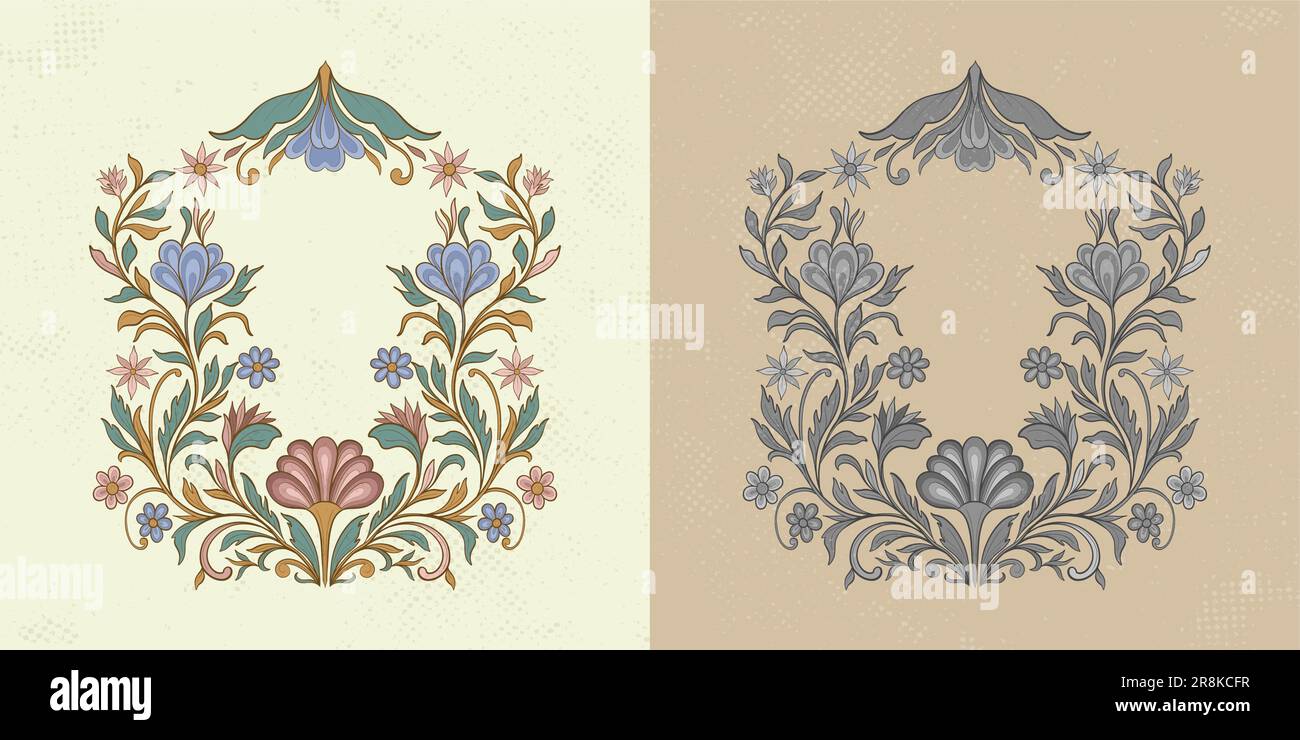 Cadre décoratif mughal décoratif pour la conception. Style ethno traditionnel vintage avec fleurs et feuillage. Illustration de Vecteur