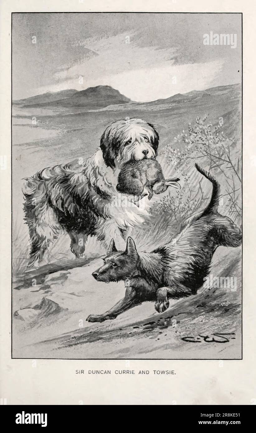 Sir Duncan Currie et Towsie illustrés par Charles Whymper dans le livre de Klondike ou, Une ruée de cow-boy vers les champs d'or par Gordon stables, 1840-1910; Date de publication c1898 Publisher T.Y. Crowell & Co. Cette histoire relate les expériences de certains hommes, femmes, filles et garçons anglais qui ont du mal à se rendre à la ruée vers l'or du Klondike. Ils ont des aventures avec des grizzlies, des loups et des Indiens; ils endurent de grandes souffrances et des difficultés, mais leurs constitutions et leur formation anglaises robustes les amènent à travers Banque D'Images