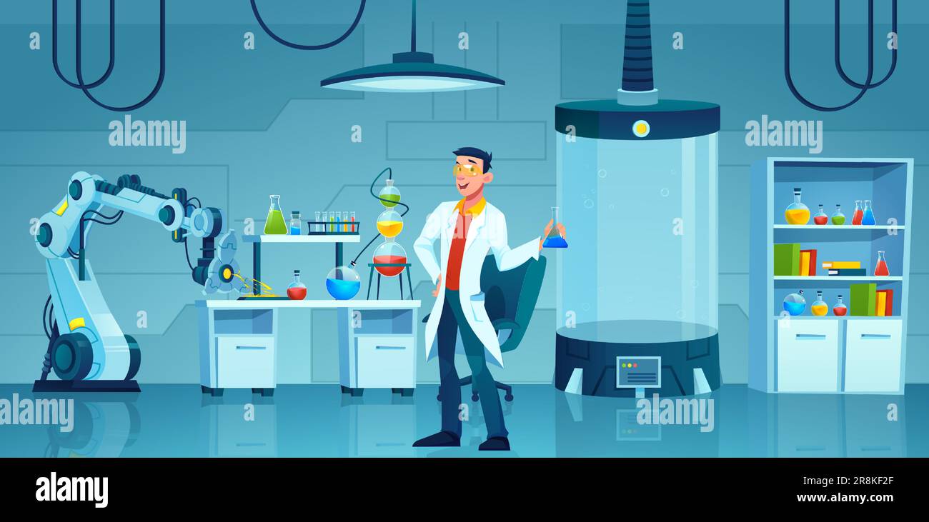 Vecteur d'un laboratoire scientifique et d'un chercheur d'homme excité avec flacon de laboratoire, main robotique, capsule pour les expériences Illustration de Vecteur