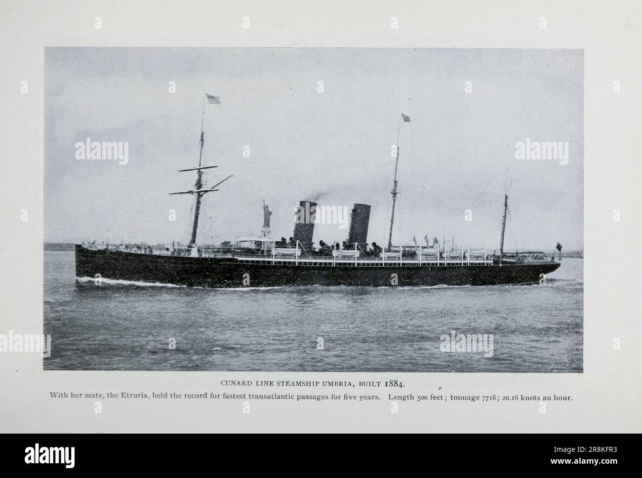 Ligne Cunard navire à vapeur Ombrie 1884 longueur 500 pieds tonnage 7718 vitesse 20,18 noeuds. Avec son compagnon, l'Euria, a tenu le record du passage transatlantique le plus rapide pendant cinq ans de l'article The Great Modern Transatlantic Steamships de Samuel Ward Stanton du magazine Engineering CONSACRÉ AU PROGRÈS INDUSTRIEL Volume X octobre 1896 NEW YORK The Engineering Magazine Co Banque D'Images