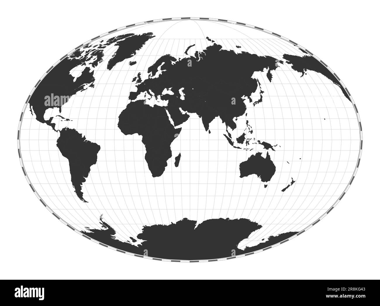 Carte du monde vectorielle. Projection pseudo-cylindrique de Fahey. Carte géographique du monde simple avec les lignes de latitude et de longitude. Illustration de Vecteur