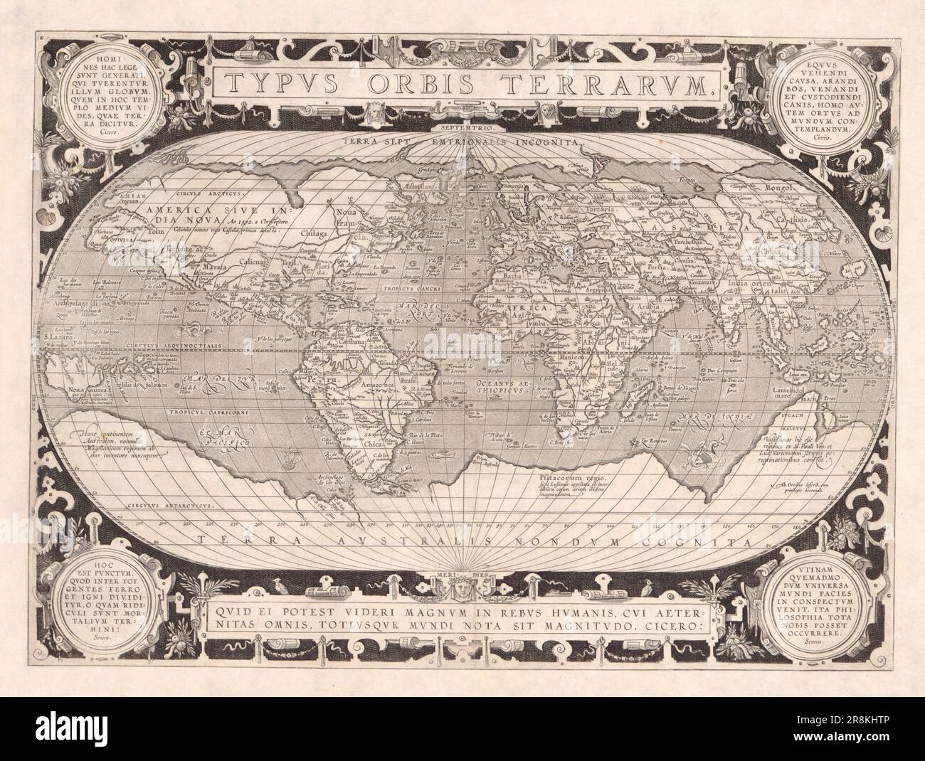 Carte du monde 16th siècle Typvs Orbis Terrarvm d'Abraham Ortelius Banque D'Images
