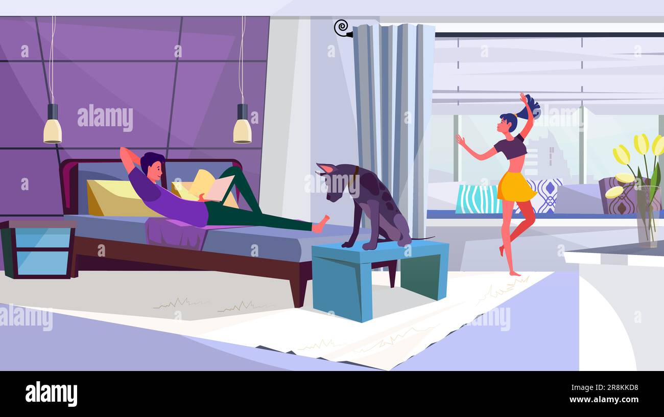Couple familial avec chien passant du temps dans la chambre Illustration de Vecteur