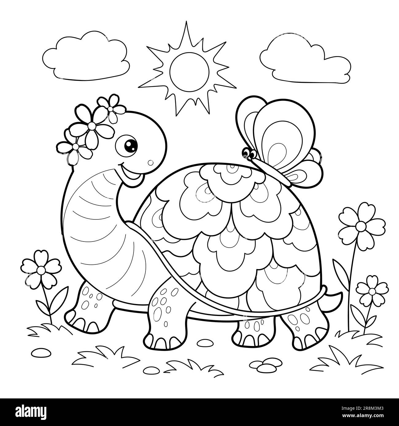 Dessin animé d'une tortue avec un papillon sur le dos. Dessin linéaire noir et blanc. Pour la conception de livres à colorier pour enfants, imprimés, affiches, cartes, stic Illustration de Vecteur