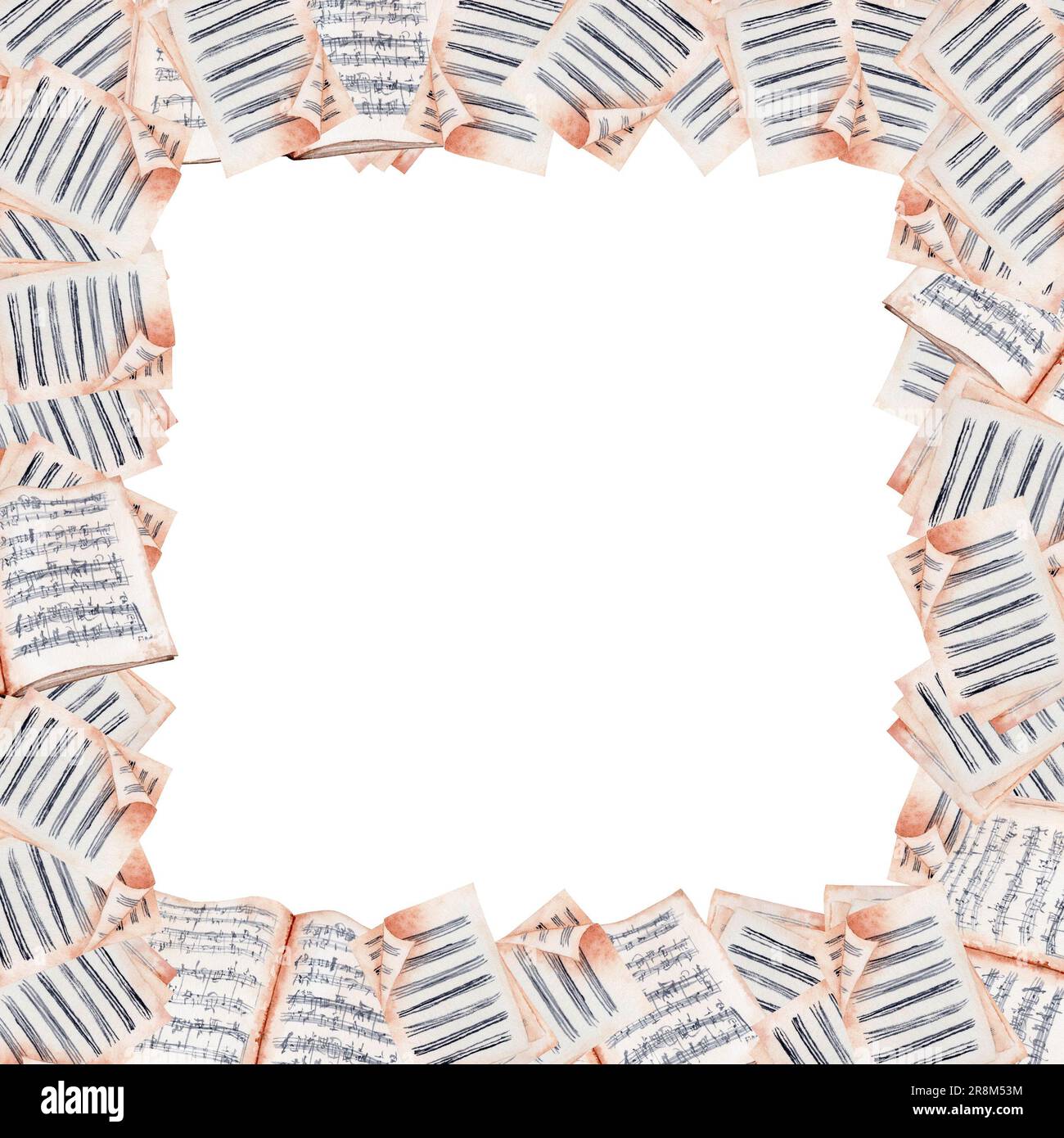 Cadre avec notes et partitions de musique isolées sur fond blanc. Illustration aquarelle avec espace pour le texte, les salutations et les invitations parfaites pour la voiture Banque D'Images