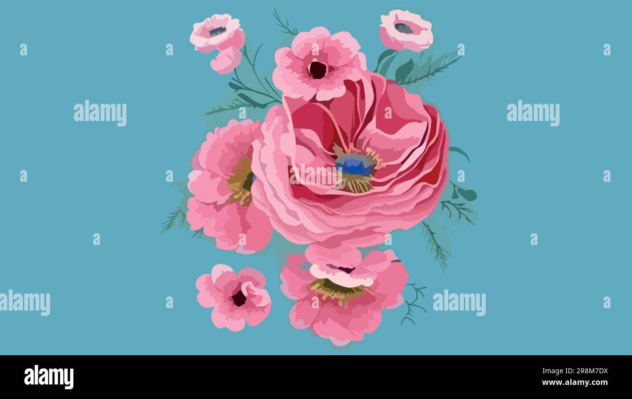 Fleur abstraite avec feuilles sur fond sombre, manga, style anime peint. Illustration de Vecteur