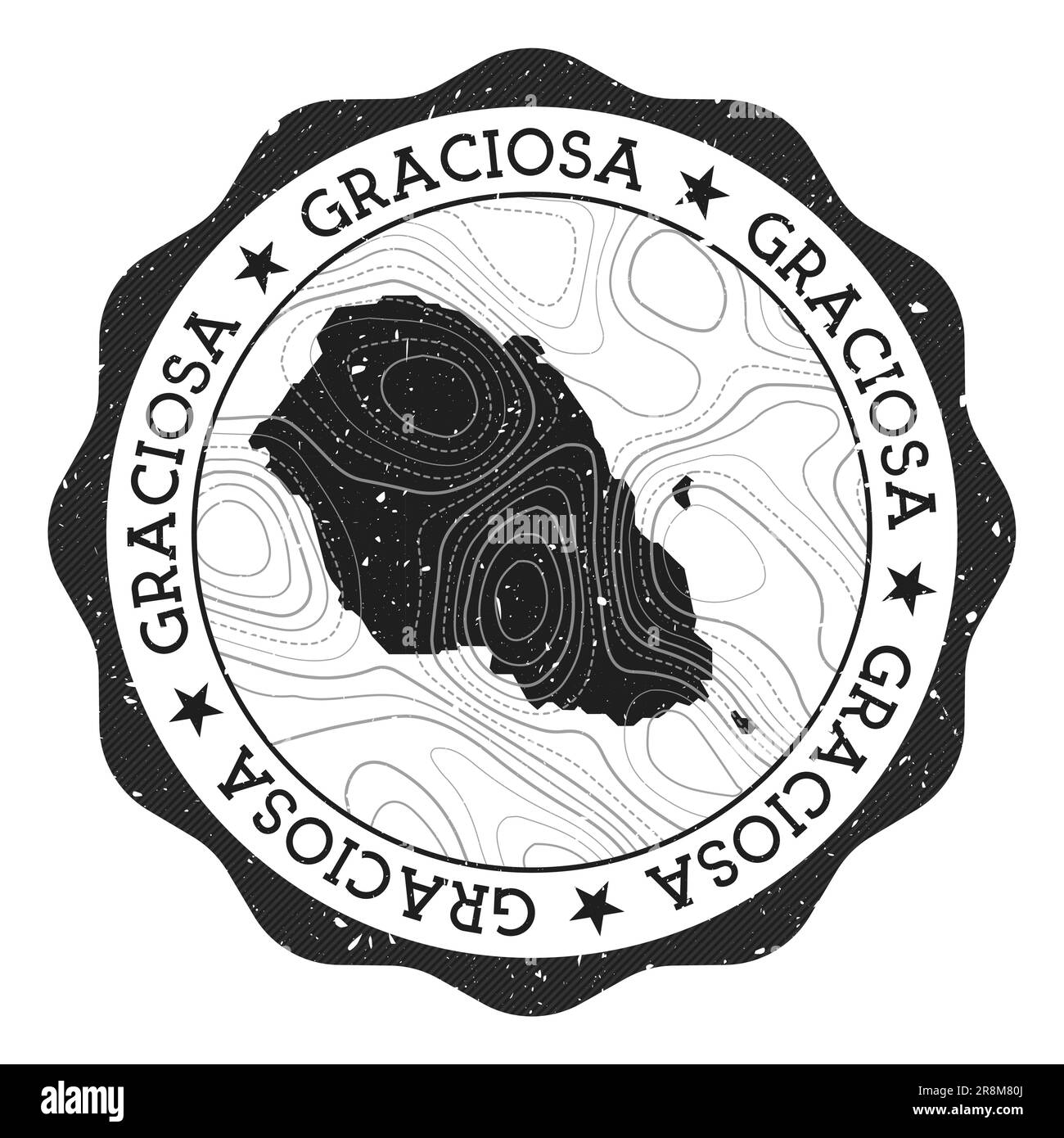 Timbre extérieur Graciosa. Autocollant rond avec carte de l'île avec isolines topographiques. Illustration vectorielle. Illustration de Vecteur