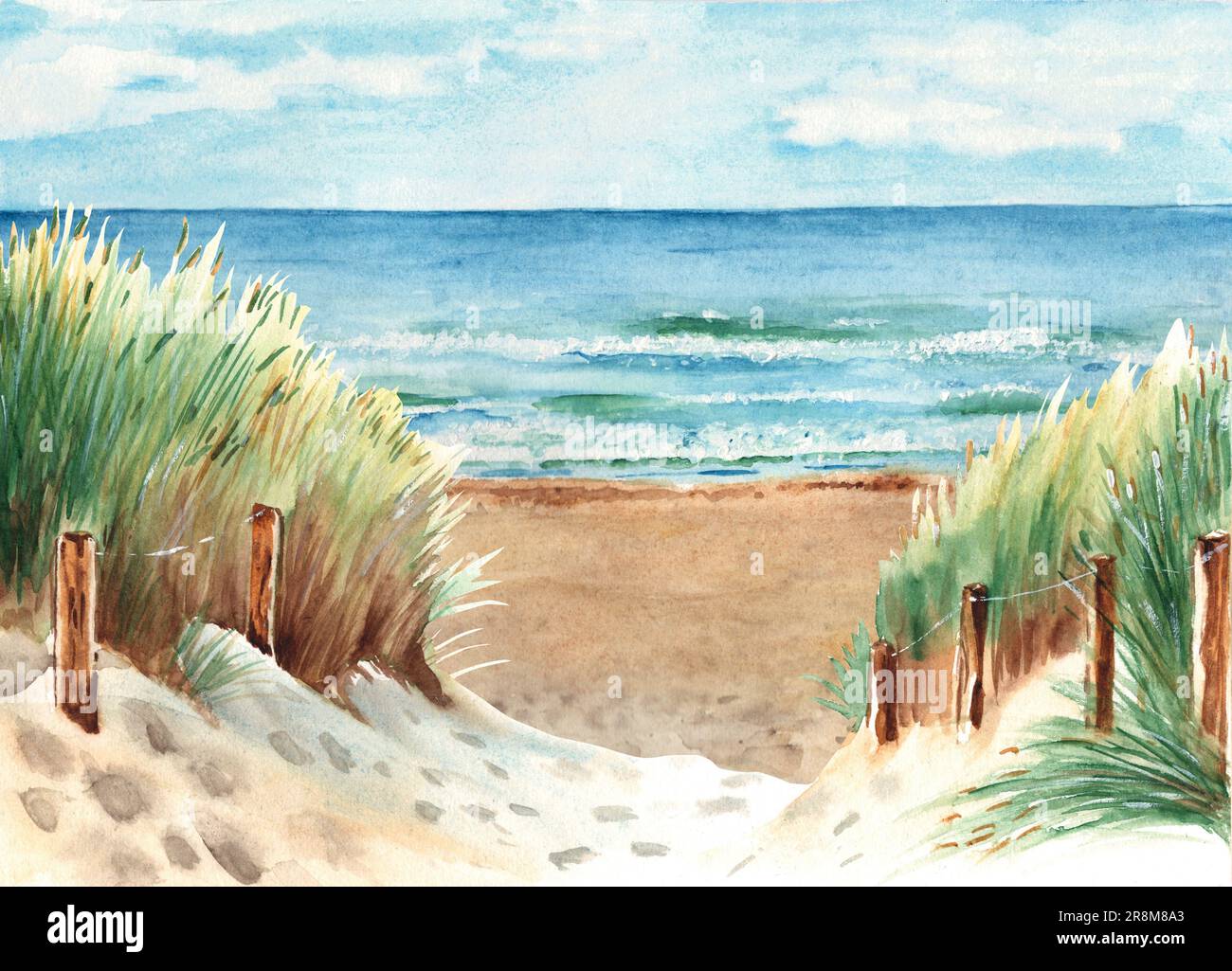 Plage de la mer Baltique avec dunes de sable. Panorama Ostsee. Temps ensoleillé, ciel bleu avec nuages. Illustration aquarelle dessinée à la main. Banque D'Images