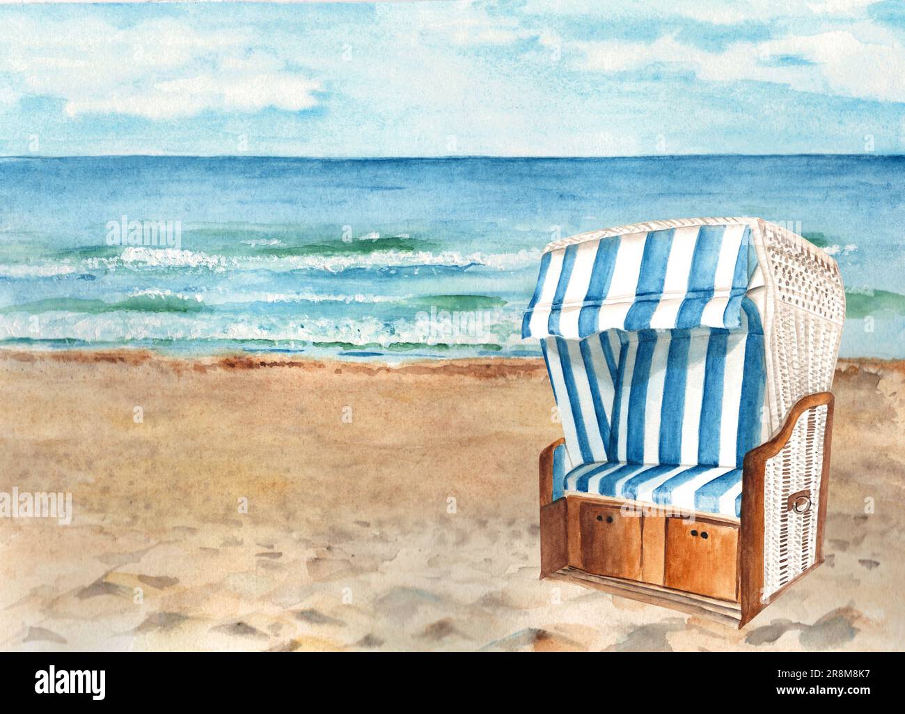 Plage Baltique et chaise de plage à capuche, Strandkorb. Panorama Ostsee. Temps ensoleillé, ciel bleu avec nuages. Illustration aquarelle dessinée à la main. Banque D'Images