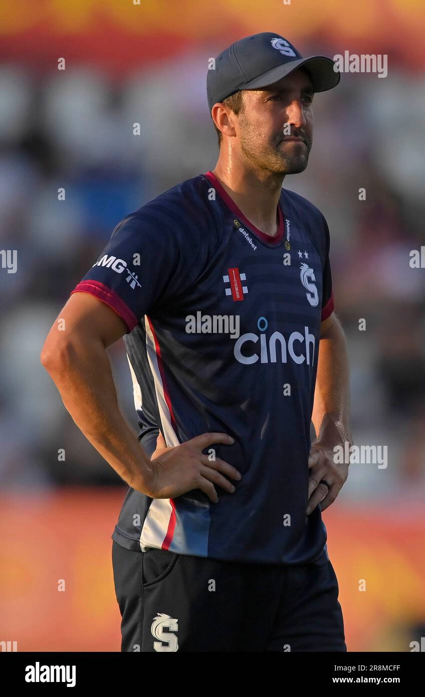 Northampton 21-juin 2023 : Ben Sanderson de Northamptonshire pendant le match de Blast Vitality T20 entre les Steelbacks de Northamptonshire contre les Falcons de Derbyshire au terrain de comté de Northampton Angleterre . Banque D'Images