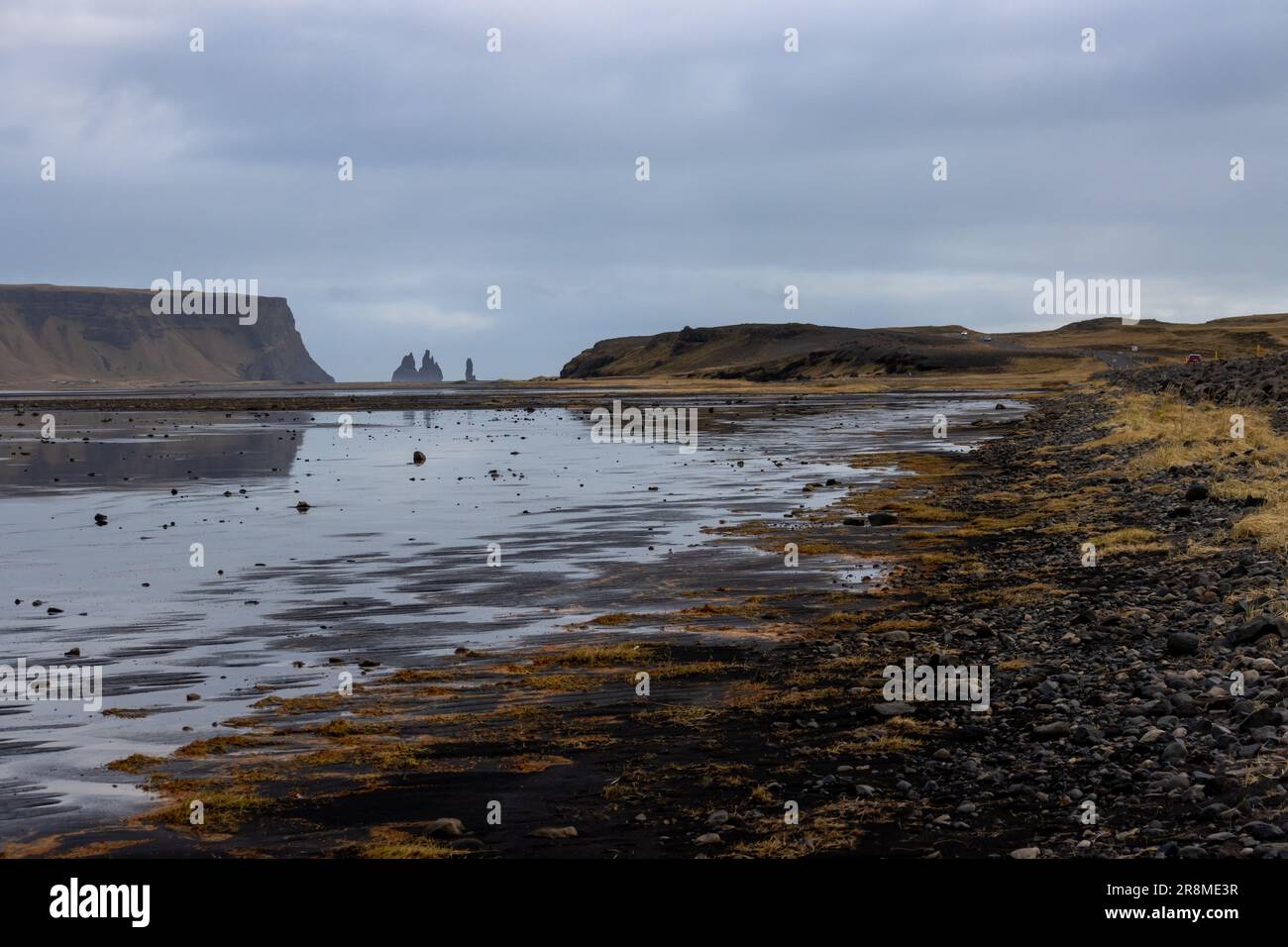 Côte de l'océan Atlantique au sud de l'île. Célèbre plage de sable noir avec ses formations rocheuses. Ciel nuageux en automne. Reynisfja Banque D'Images