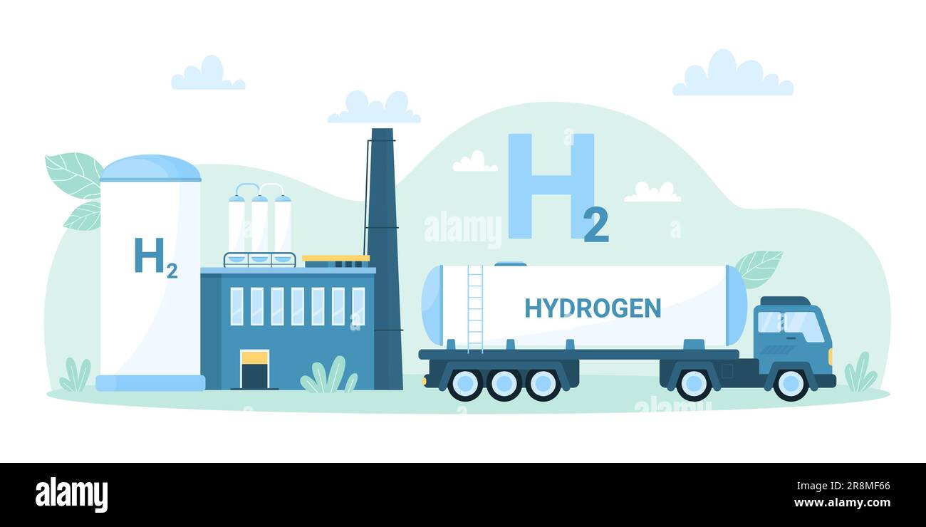 Illustration du vecteur de l'usine de production d'hydrogène verte. Usine de dessin animé pour H2 électrolyse, réservoir de stockage et camion pour le transport et l'approvisionnement en combustible hydrogène, technologie d'innovation pour zéro émission Illustration de Vecteur