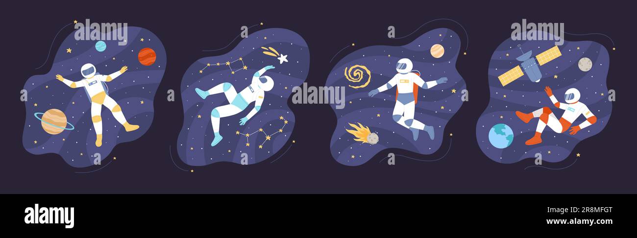 Les astronautes qui flottent dans l'espace dans différentes poses présentent une illustration vectorielle. Un spaceman de dessin animé dans un casque et un spacesuit volant entre le satellite et les planètes du système solaire, le tir d'étoile et d'astéroïde Illustration de Vecteur Les astronautes qui flottent dans l'espace dans différentes poses présentent une illustration vectorielle. Un spaceman de dessin animé dans un casque et un spacesuit volant entre le satellite et les planètes du système solaire, le tir d'étoile et d'astéroïde Illustration de Vecteur
