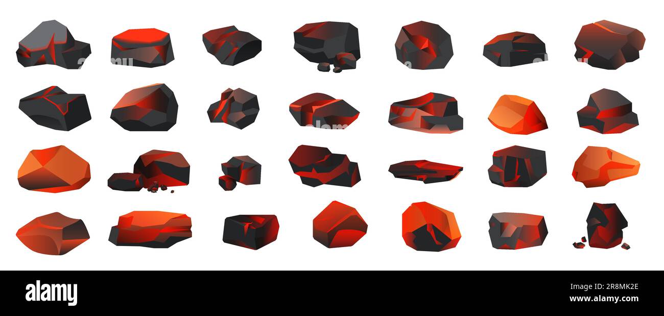 Illustration du vecteur de l'ensemble de charbon noir chaud. Caricature isolée rouge pierre simple et pile de charbon de bois pour le grill et le barbecue, charbon couvant briquette luminescent dans la cheminée, morceaux chauds brûlés Illustration de Vecteur