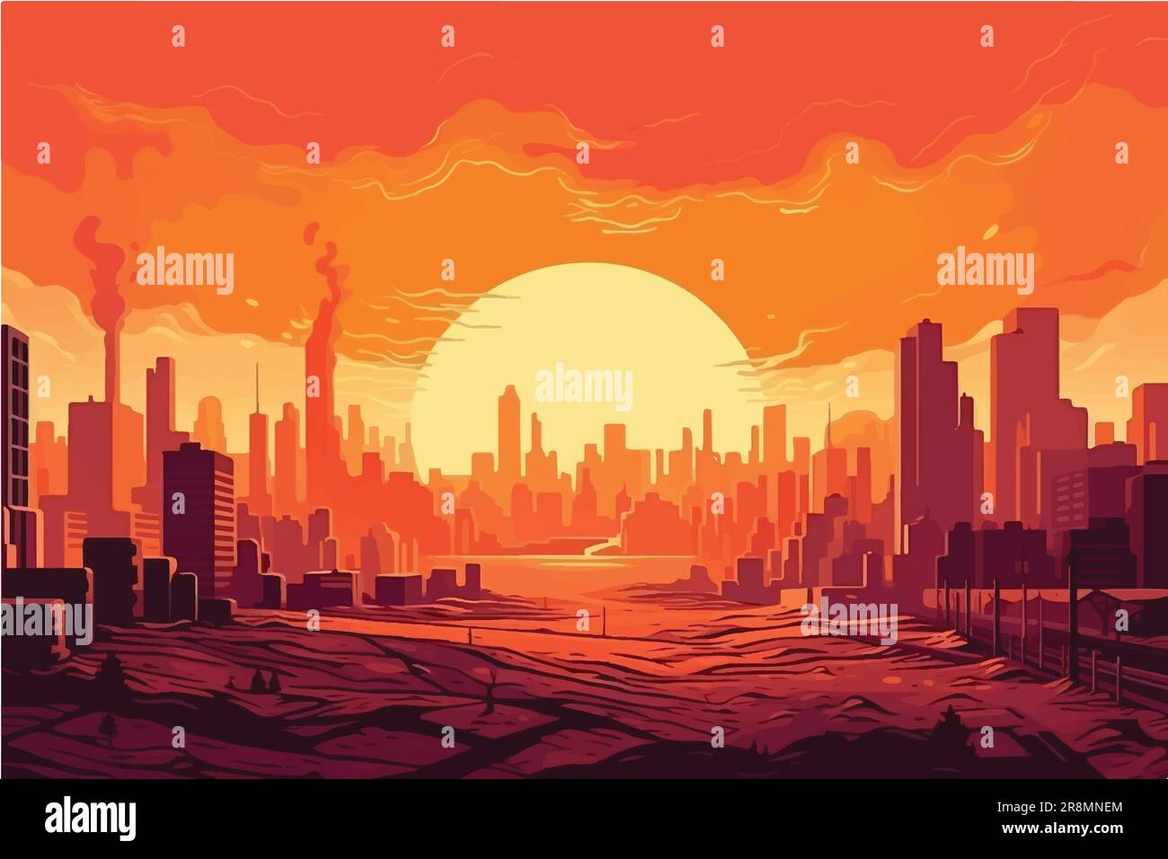 Illustration vectorielle de l'horizon urbain à couper le ciel, Cityscape s'est engouffrée dans la chaleur atmosphérique rouge-chaude Illustration de Vecteur