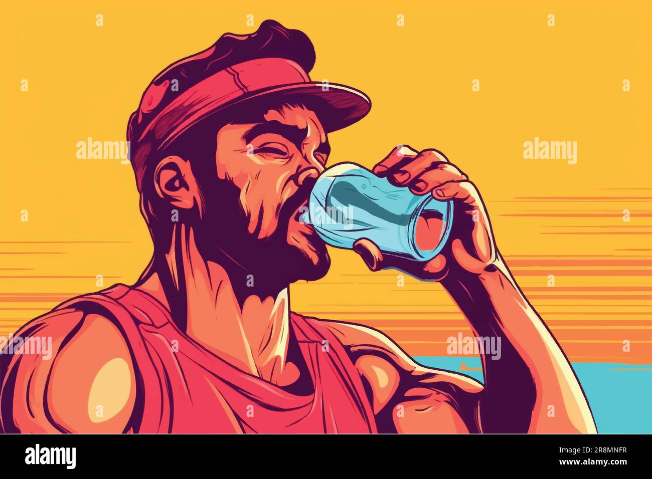 Illustration vectorielle de la chaleur excessive, l'homme boit de l'eau pour récupérer de l'exercice intense Illustration de Vecteur