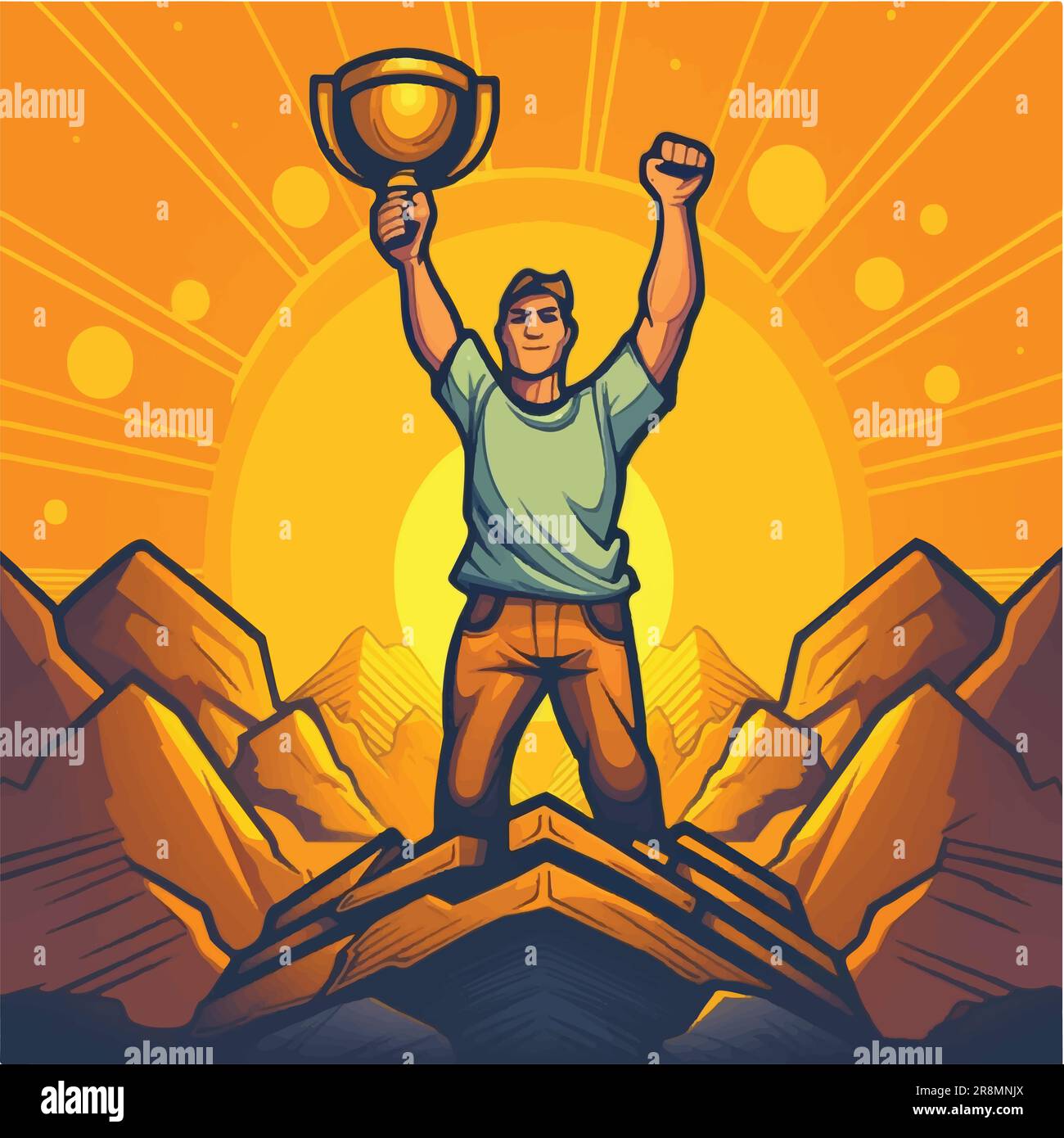 Illustration vectorielle de la réalisation Emblem, trophée des hommes d'affaires au sommet de la montagne sous le coucher du soleil Illustration de Vecteur