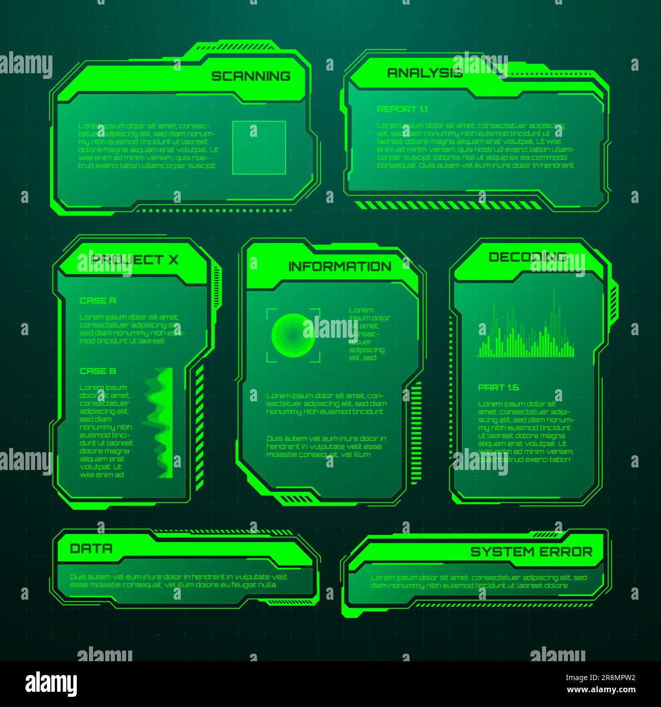 Affichage tête haute futuriste vert, éléments d'interface utilisateur. Zones de texte et légendes de l'interface utilisateur SCI-fi. Cadres de message d'avertissement, modèle de zones d'information. Jeu moderne Illustration de Vecteur