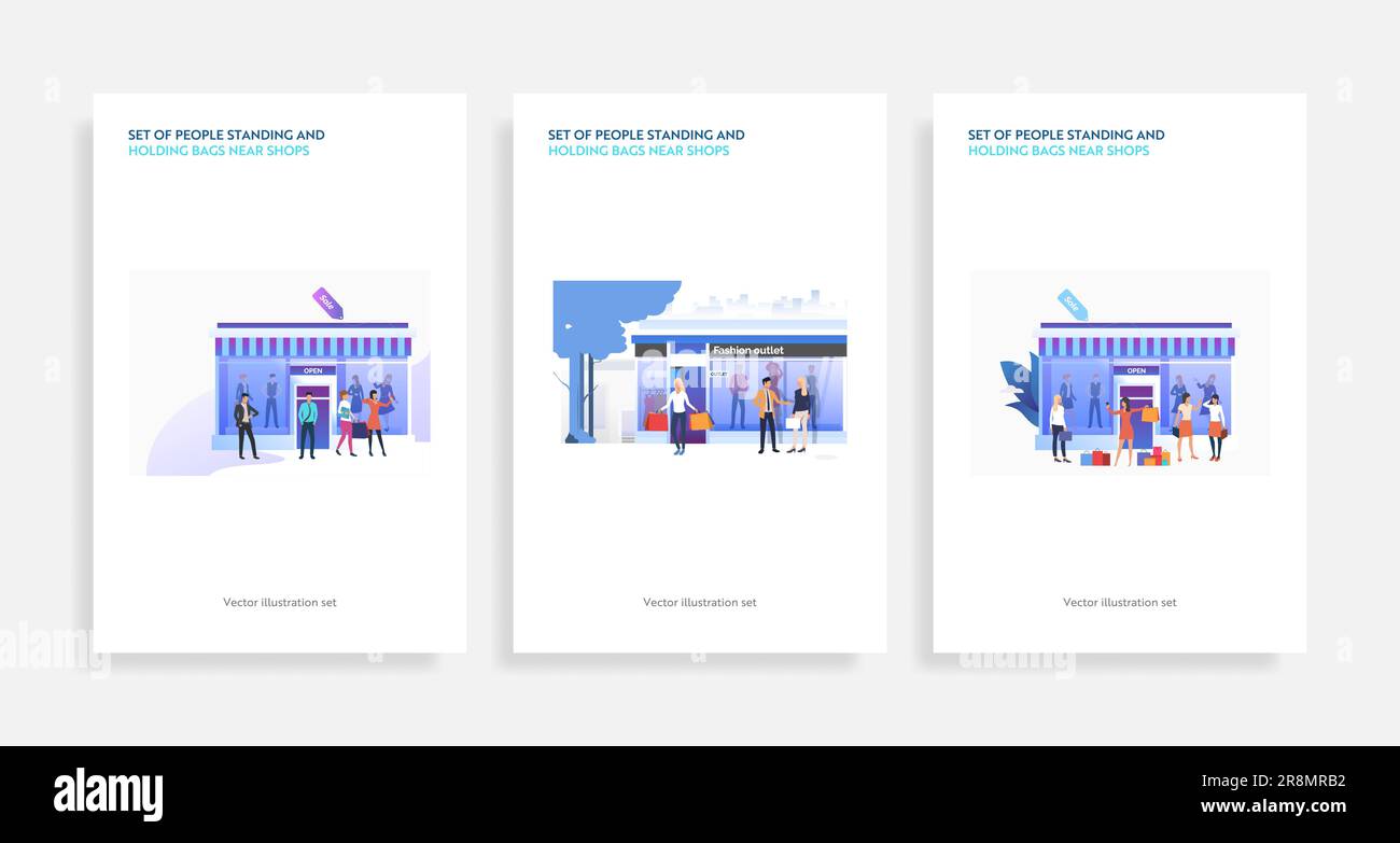 Ensemble de personnes debout et tenant des sacs près des magasins Illustration de Vecteur