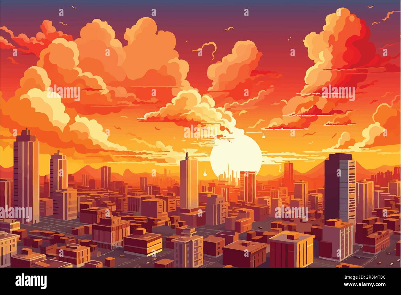 Illustration vectorielle de la vue urbaine spectaculaire, horizon de la ville recouvert d'air chaud rouge Illustration de Vecteur