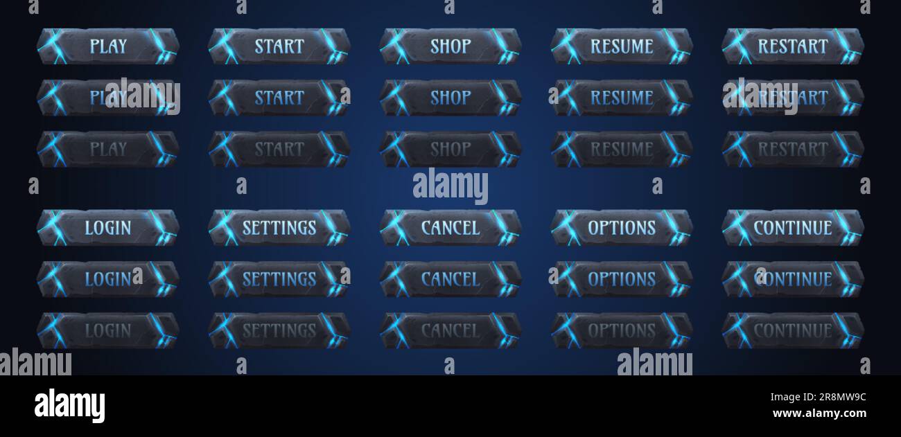 Jeu de pierre ancien boutons d'animation ensemble. Illustration vectorielle de cadres avec fissures bleu néon. Lire, démarrer, acheter, reprendre, redémarrer, connexion, paramètres Illustration de Vecteur