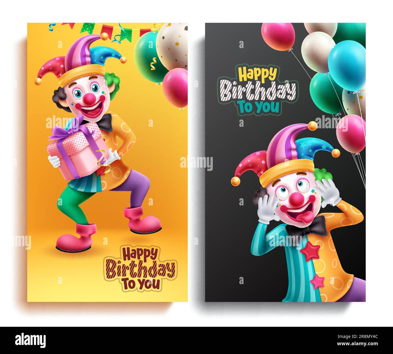 Joyeux anniversaire ensemble de vecteur poster design. Carte d'invitation d'anniversaire avec personnage clown drôle pour la collection de mise en page d'événement et d'occasion. Vecteur Illustration de Vecteur