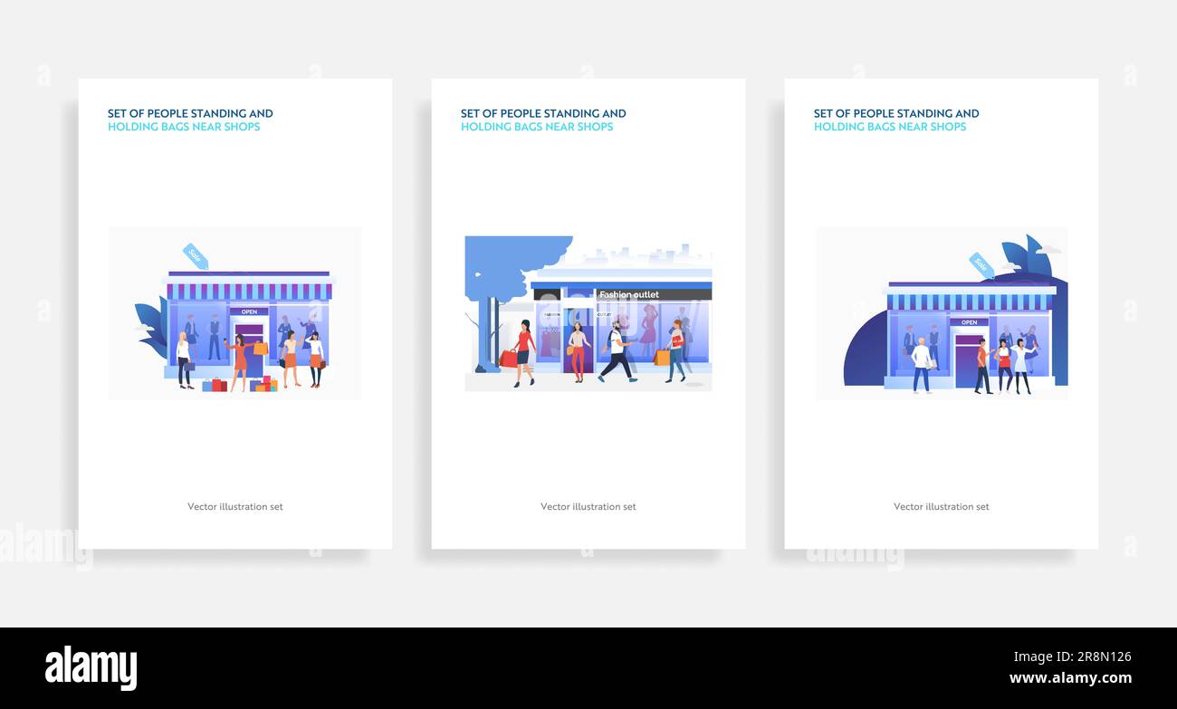 Ensemble de personnes debout et tenant des sacs près des magasins Illustration de Vecteur
