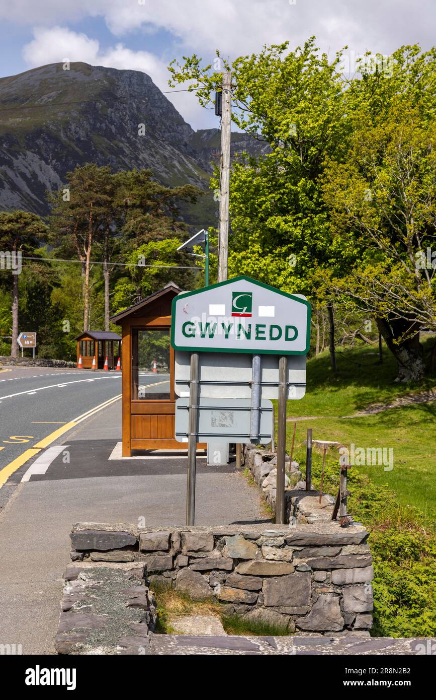 Gwynedd Panel, entrée du village de Pont Pen-y-benglog, Llyn Ogwen, pays de Galles, Grande-Bretagne Banque D'Images
