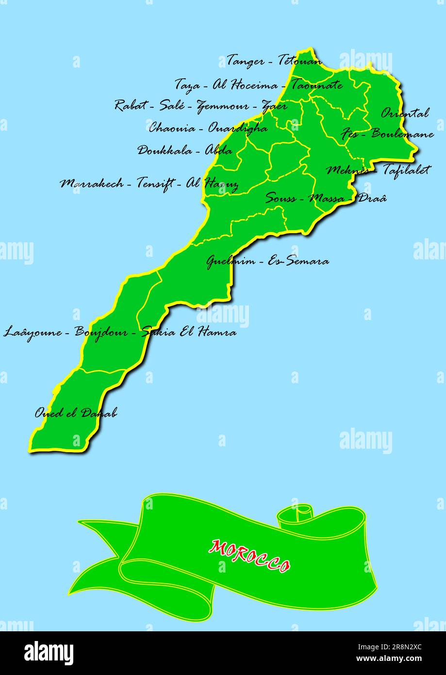 Carte du Maroc avec sous-régions en vert nom de pays en rouge Banque D'Images