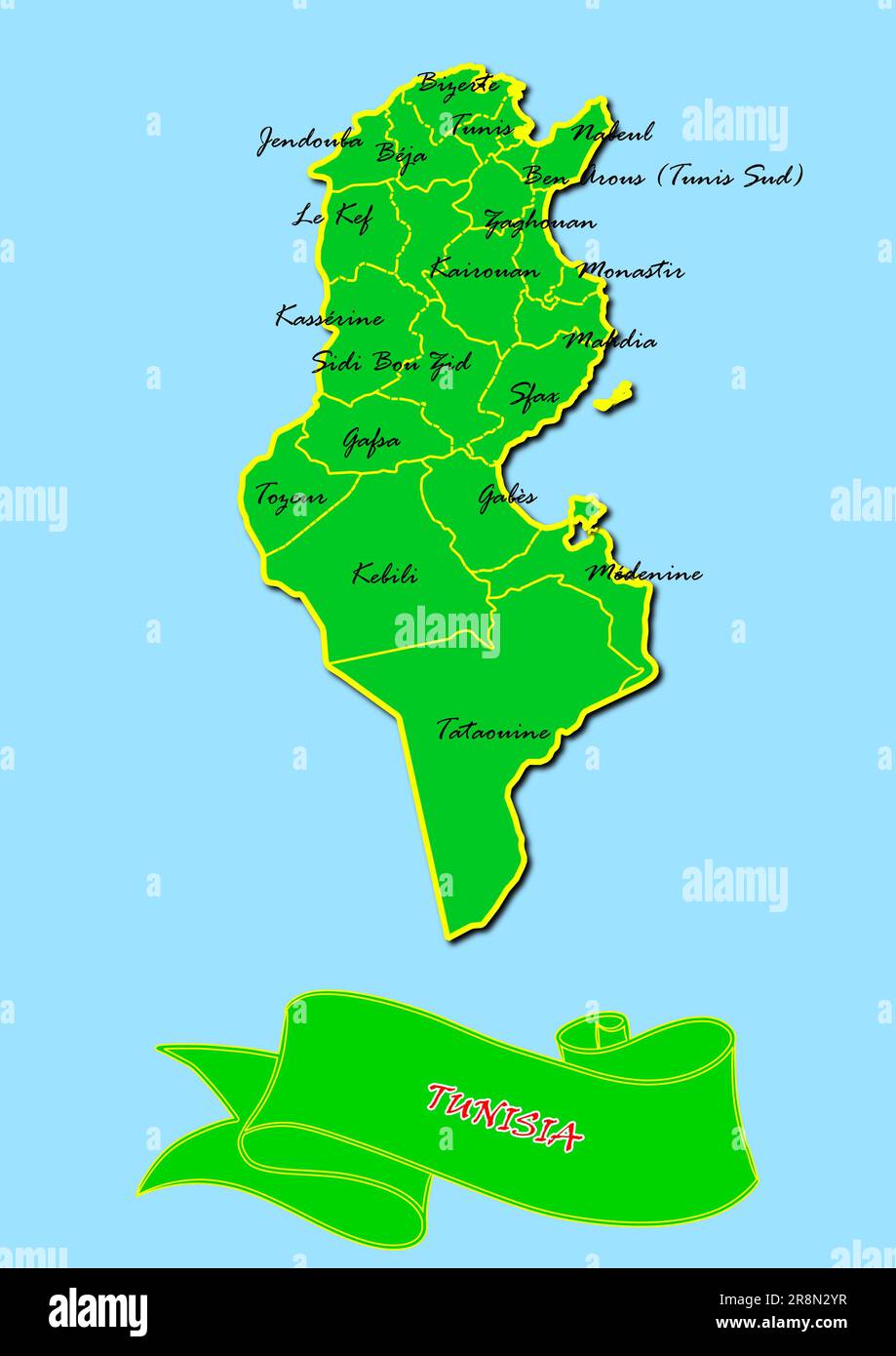 Carte de Tunisie avec sous-régions en vert nom de pays en rouge Banque D'Images