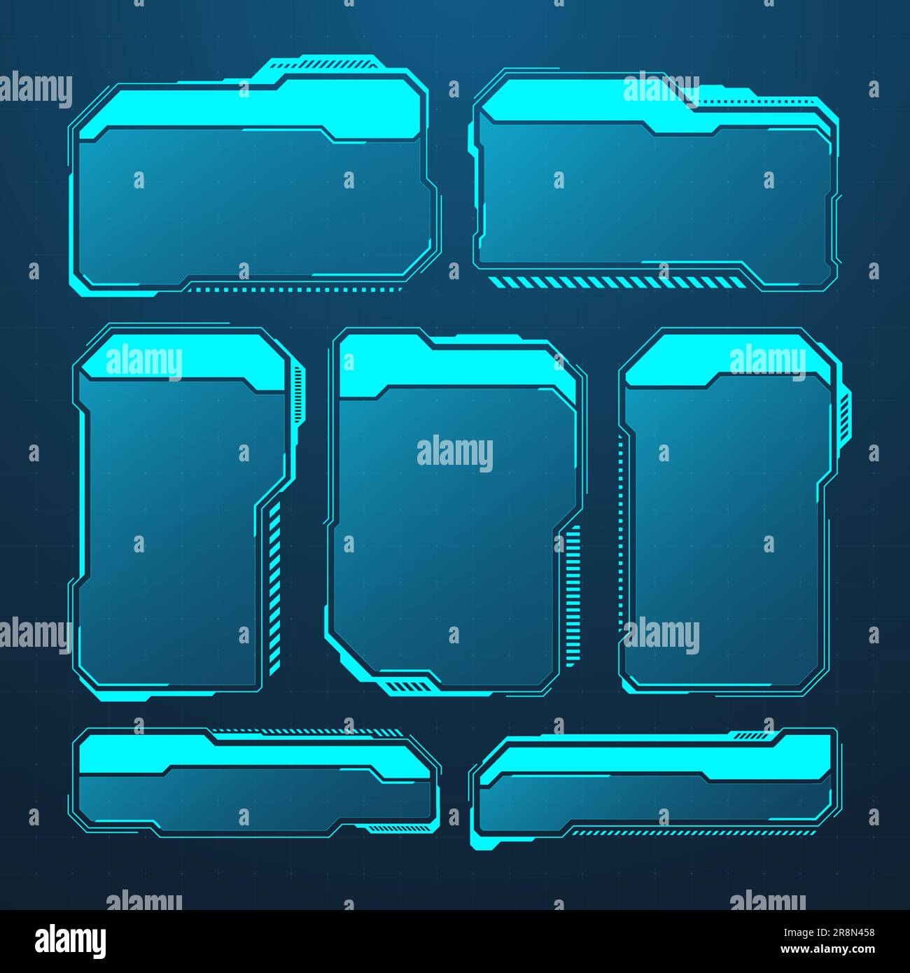 Éléments HUD ou UI futuristes bleus. Zones de texte et légendes de l'interface utilisateur SCI-fi. Cadres de message d'avertissement, modèle de zones d'information. Jeu moderne Illustration de Vecteur
